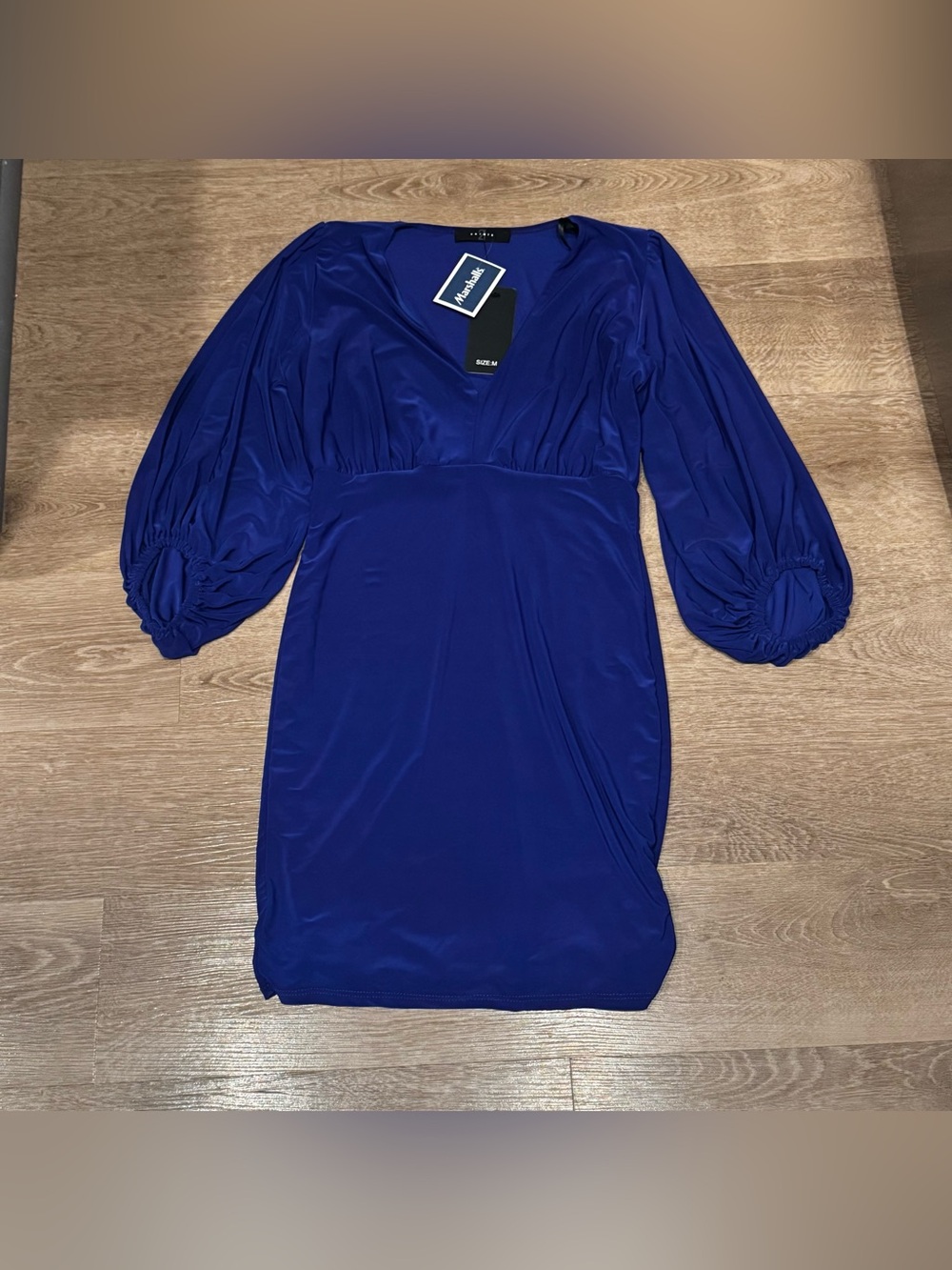 Women’s V-Neck Royal Blue Mini Dress with Balloon Sleeves